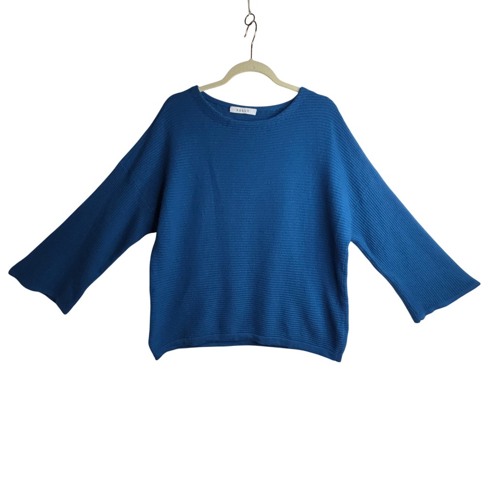 Kokun Teal Blue Ribbed Knit Dolman Sleeve Sweater Top Size L Soft Lagenlook Warm